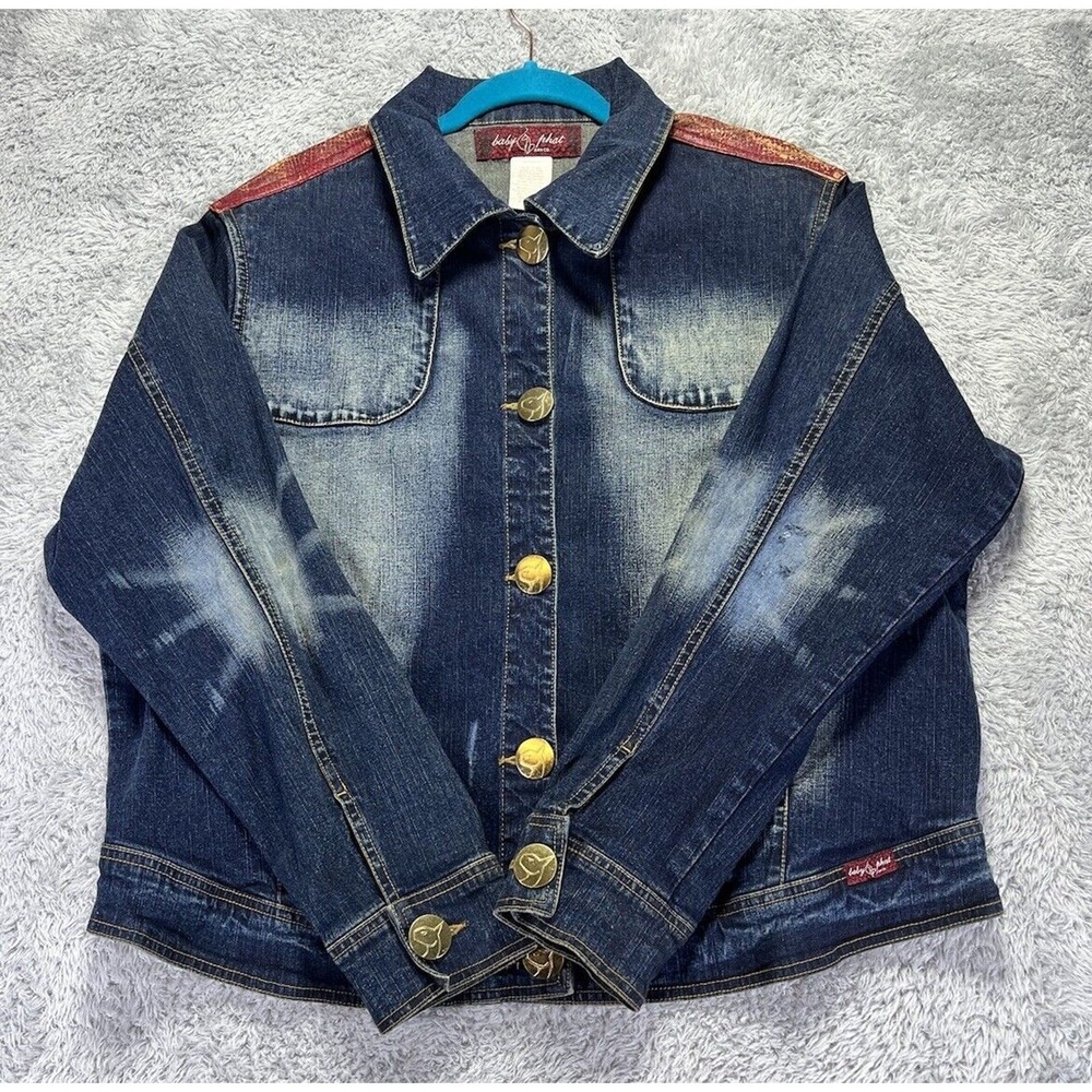 Baby Phat Womens 3X Distressed Denim Jacket Gold Button Y2K 90s Streetwear